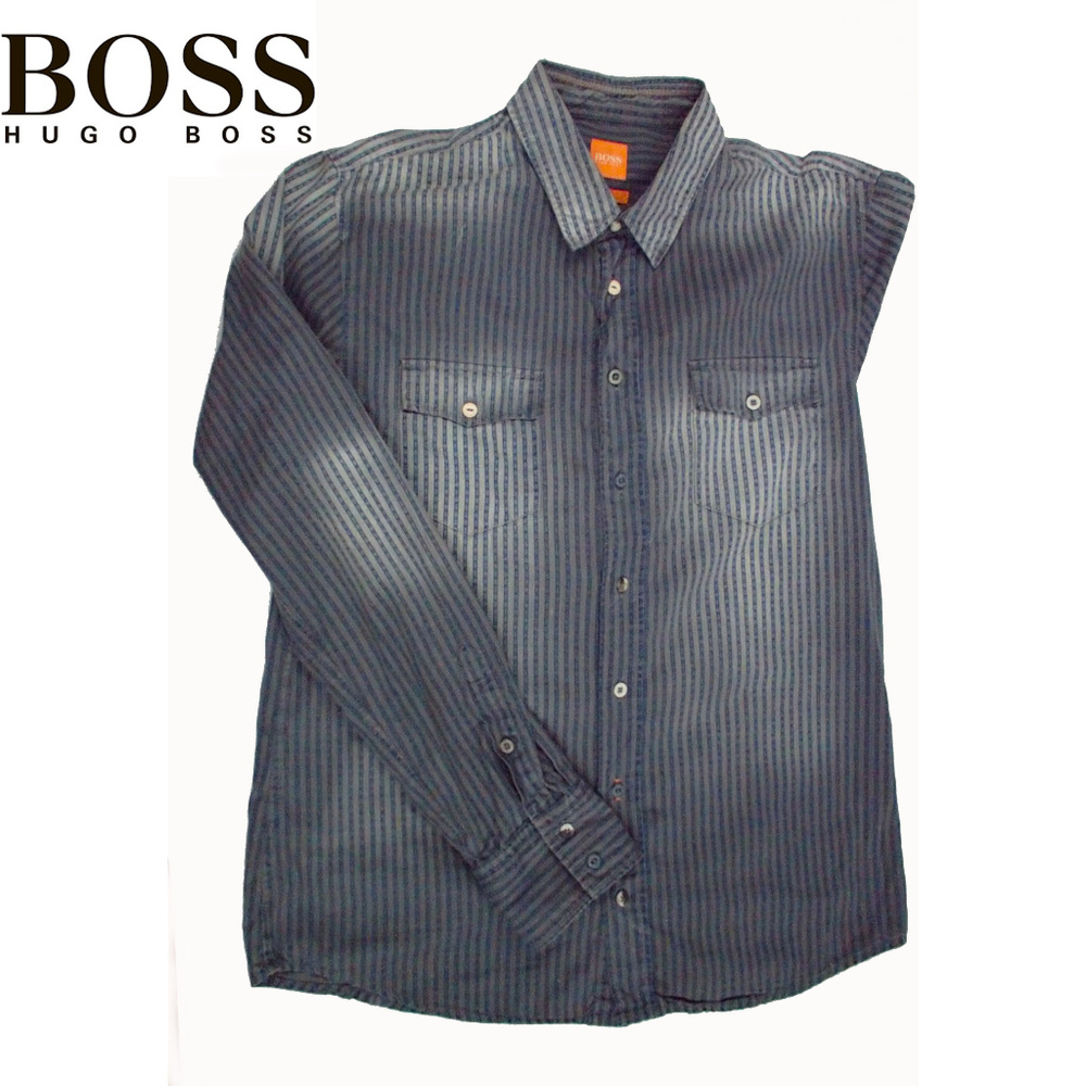 Hugo Boss Grey and Blue Dress Shirt Large Slim Fit